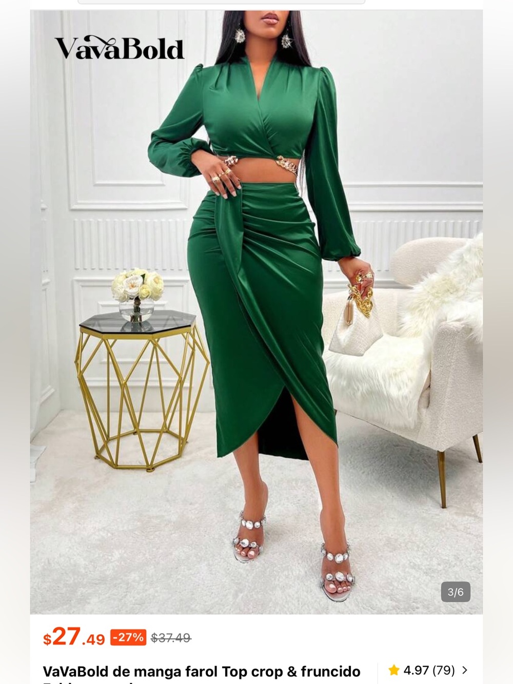 SHEIN Emerald Green Wrap Midi Skirt with Ruched Detail